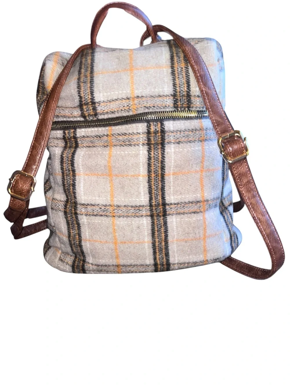 Plaid Wool Backpack with Brown Leather Straps - Beige and Orange